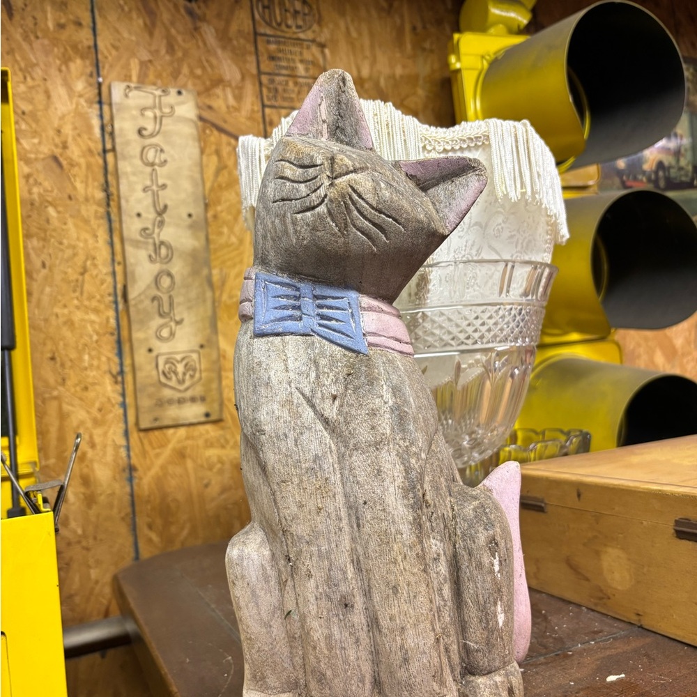 Whimsical Handcarved wooden Cat Figurine - Brown and Pink